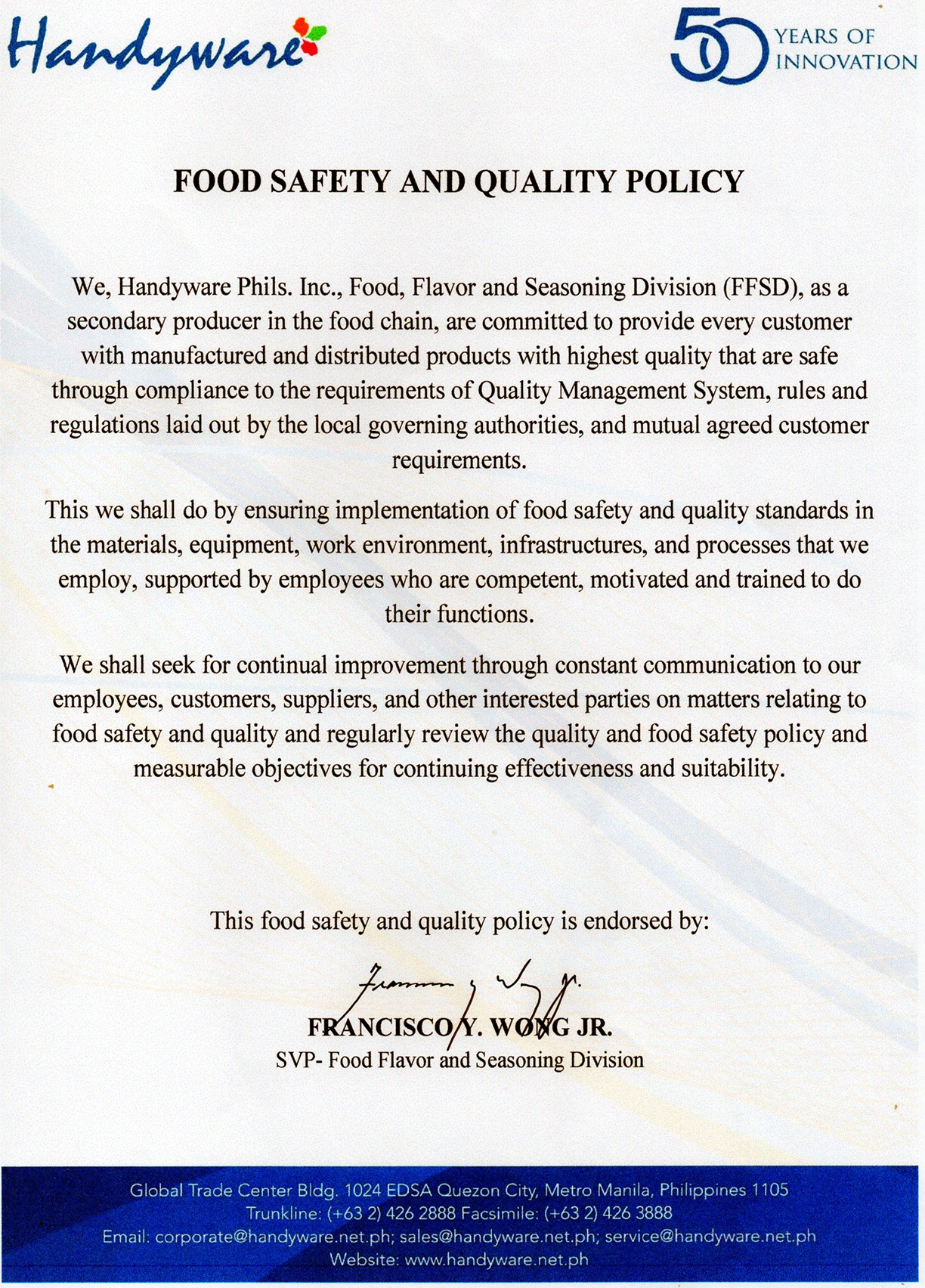 Handyware Food Safety and Quality Policy